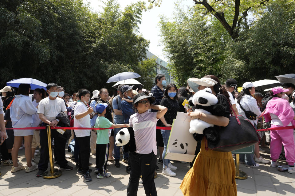 Visitors line up to visit the Panda enclosure in the zoo on the last day of the May Day holidays in Beijing, Wednesday, May 3, 2023. (AP Photo/Ng Han Guan)