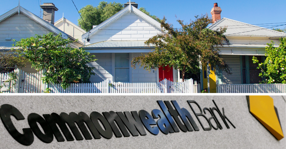 Suburban bungalow houses and the Commonwealth Bank logo