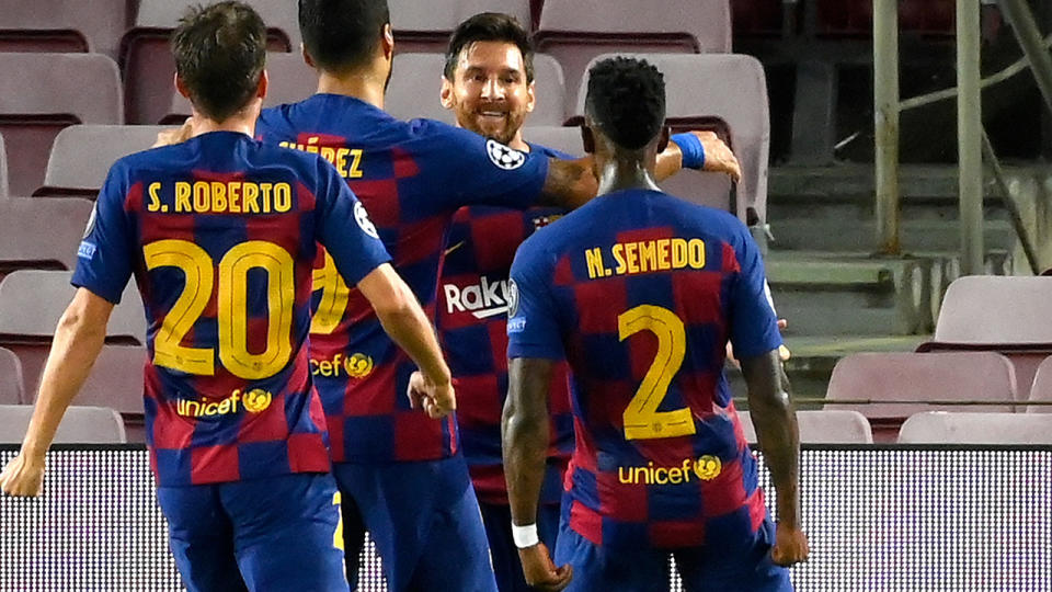 Lionel Messi, pictured here celebrating with Barcelona teammates after his goal against Napoli.