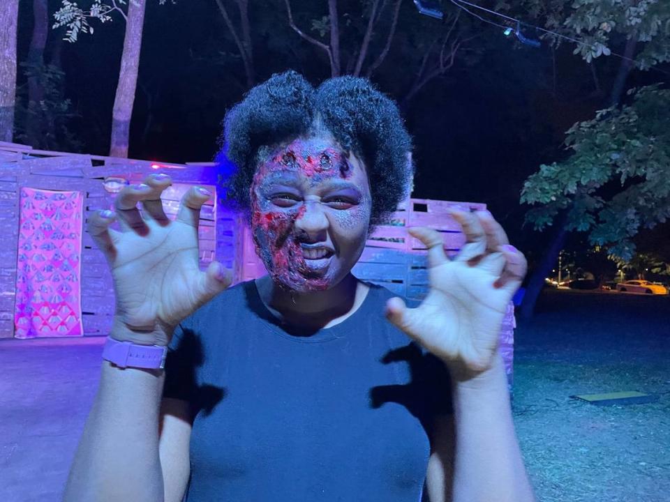 Lorenza Medley shares a sneak peek at the Actor’s Theatre of Charlotte’s set for ‘Evil Dead the Musical,’ complete with a zombie makeover available at the Oct. 8 showing.