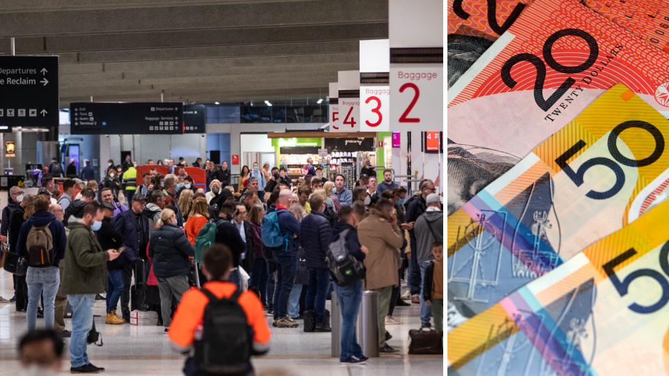 A composite image of travellers lining up in an airport and Australian money.