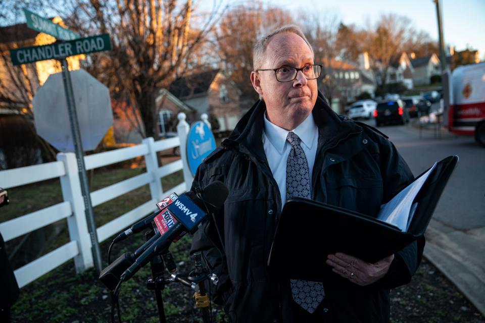 Nashville Police Spokesman Don Aaron speaks at the scene of an officer involved shooting on Summit Run Place in Nashville, Tenn., Thursday, Jan. 5, 2023.