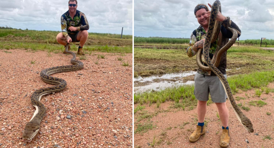 Jeremy pointing to the python (left) and holding it up (right). 