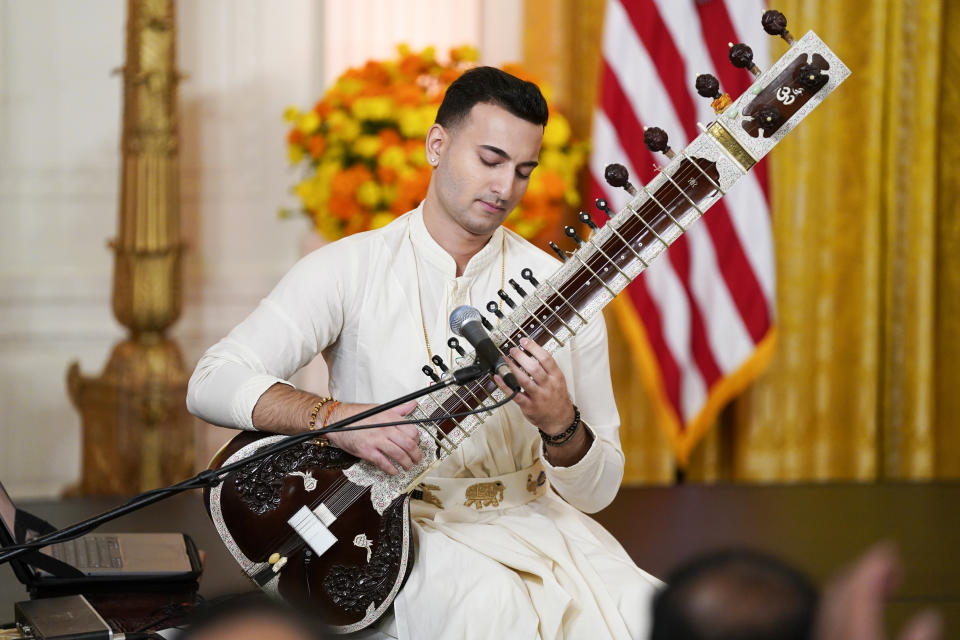 A sitar player performs before President Joe Biden arrives during an event to celebrate Diwali at the White House on  October 24, 2022 in Washington. (Evan Vucci / AP Images)