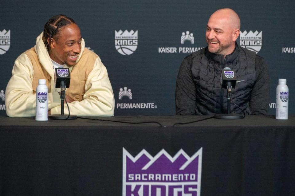 DeMar DeRozan, left, and Sacramento Kings general manager Monte McNair answer questions during an introductory press conference at Golden 1 Center on Tuesday, July 9, 2024. “At the end of the day, I’m all for winning,” DeRozan said. “I just want to win at the highest of levels.”