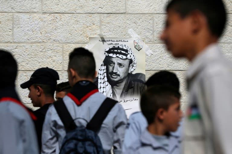 A poster of late Palestinian leader Yasser Arafat in the West Bank city of Ramallah on November 11, 2018
