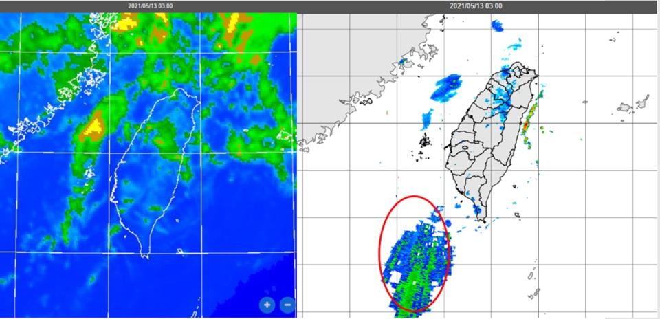 今晨時紅外線色調強化雲圖顯示，台灣上空有華南飄出的中高雲，快速消散；台灣西南部海面清晨有所謂「天使回波」(angel echo右圖)的假波（紅框）出現，顯示大氣非常穩定，雷達發射的脈波受到不正常折射所致。

