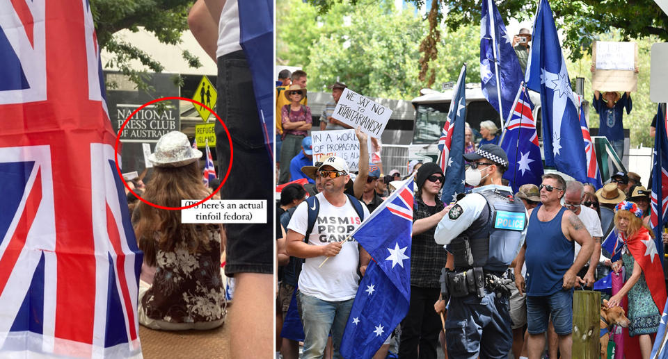 A woman is photographed wearing a homemade tinfoil hat at an anti-vaccine rally in Canberra.