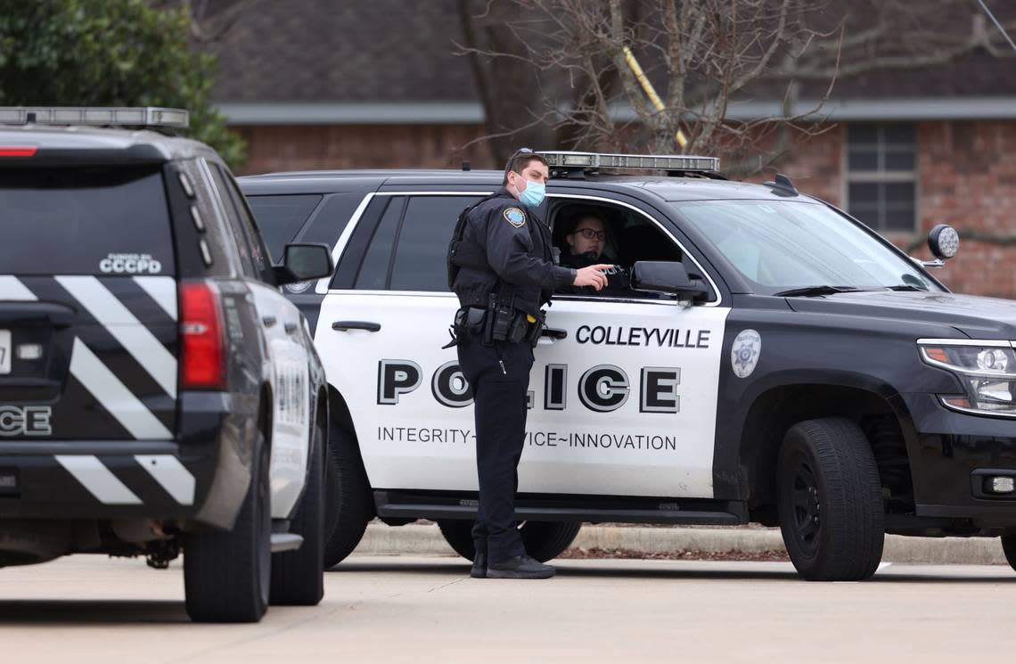 Authorities in Colleyville, Texas, were negotiating with a man Saturday, Jan. 15, 2022, who took people hostage at a synagogue during services.