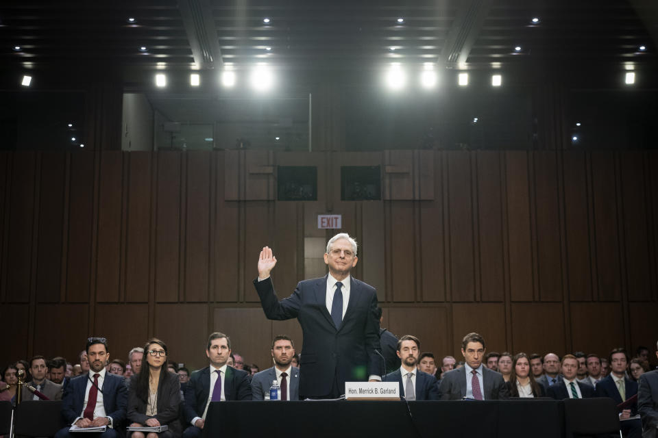 Attorney General Merrick Garland is sworn in to testify as the Senate Judiciary Committee examines the Department of Justice, at the Capitol in Washington, Wednesday, March 1, 2023. (AP Photo/Jacquelyn Martin)