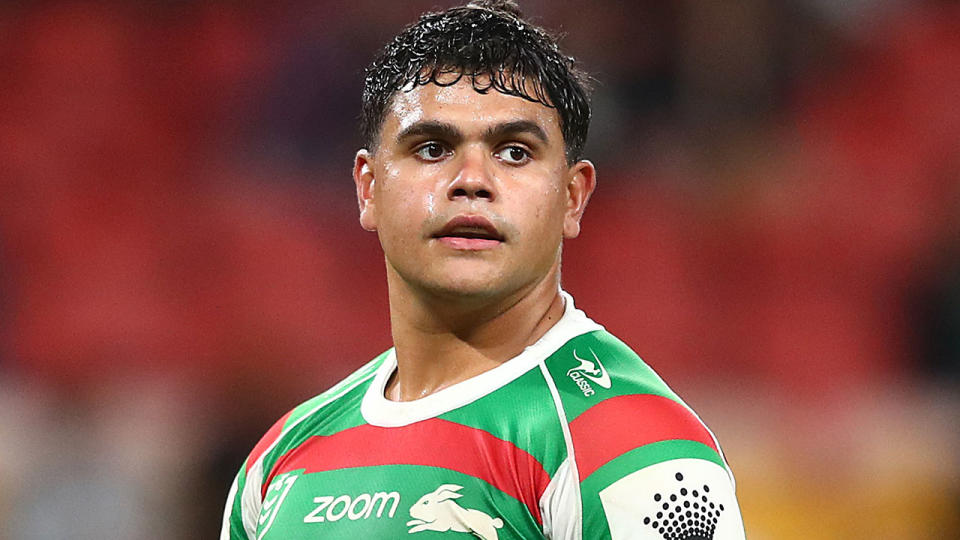 Latrell Mitchell is pictured here during an NRL game for the Rabbitohs.