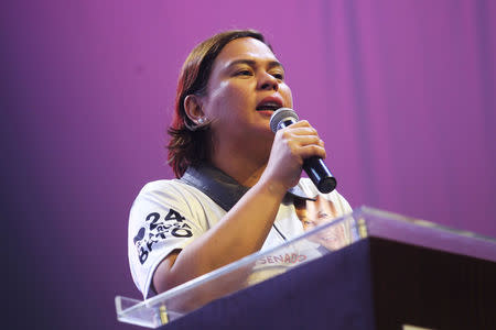 Sara Duterte, Davao City Mayor and daughter of Philippine President Rodrigo Duterte, delivers a speech during a senatorial campaign caravan for Hugpong Ng Pagbabago (HNP) in Davao City, southern Philippines on May 9, 2019. HNP is a regional political party chaired by Sara Duterte. REUTERS/Lean Daval Jr