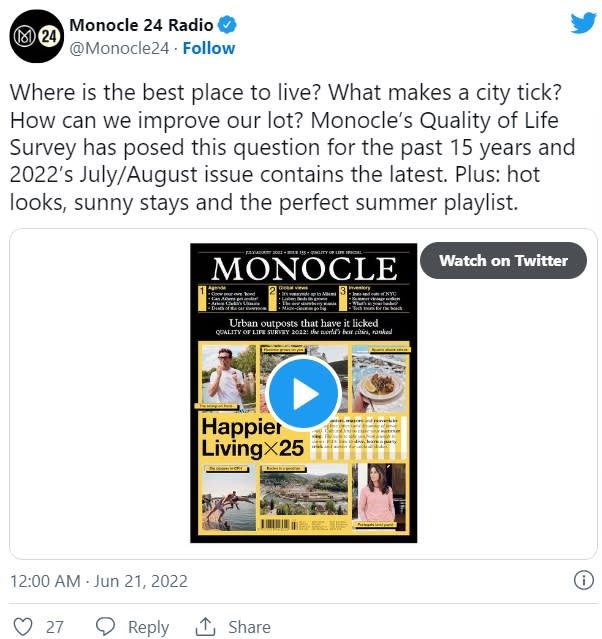 最新一期的權威英國風尚雜誌《Monocle》發布年度全球最宜居城市排行。