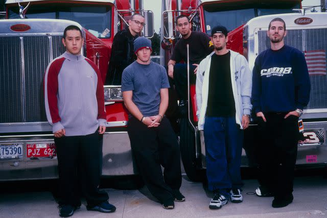 <p>Mick Hutson/Redferns</p> . Left to right are Joe Hahn, Chester Bennington, David 'Phoenix' Farrell, Mike Shinoda, Rob Bourdon and Brad Delson in 2001.