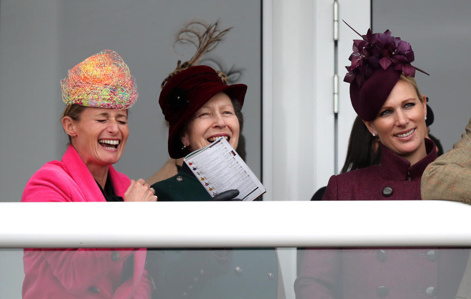 Dolly Maude (left), The Princess Royal and Zara Tindall watch the race action during Ladies Day of the 2019 Cheltenham Festival at Cheltenham Racecourse. (Photo by Andrew Matthews/PA Images via Getty Images)