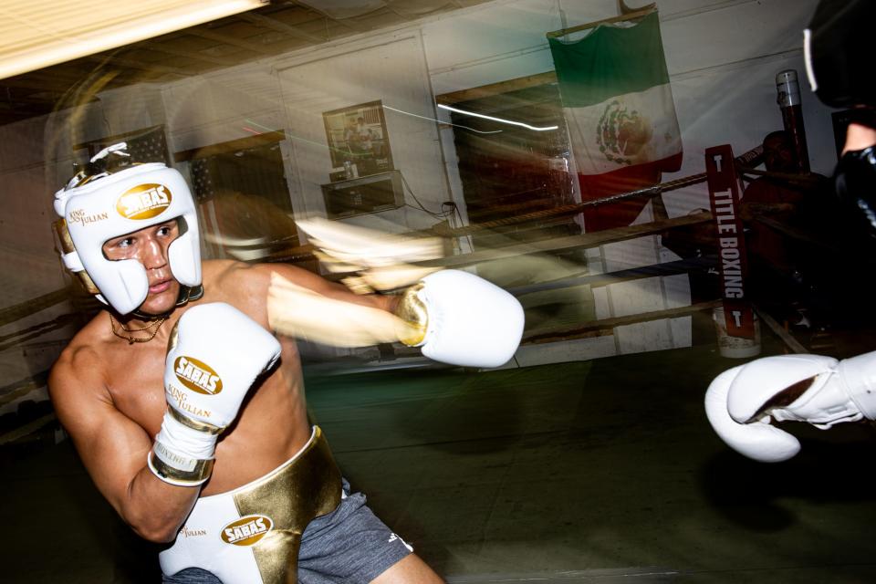 Julian Delgado, 22, spars at Corpus Christi Police Officers Association Boxing Club on Tuesday, July 18, 2023, in Corpus Christi, Texas. 