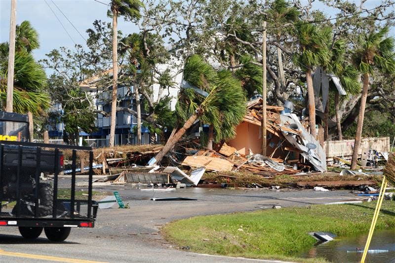 Damage and debris is seen in the aftermath of Hurricane Helene in Steinhatchee, Fla, on Friday, Sept. 27, 2024, the day after the storm made landfall in the Big Bend region of the state.