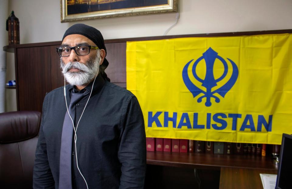 Sikh separatist leader Gurpatwant Singh Pannun is pictured in his office on Wednesday (AP)