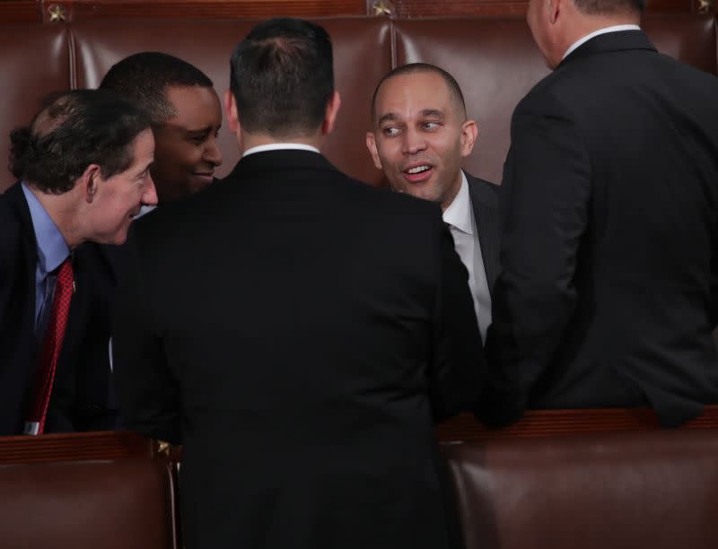 House manager and Democratic Caucus Chairman Jeffries (D-NY) (2ndR) talks with colleagues prior to U.S. President Trump delivering State of the Union address at the U.S. Capitol in Washington