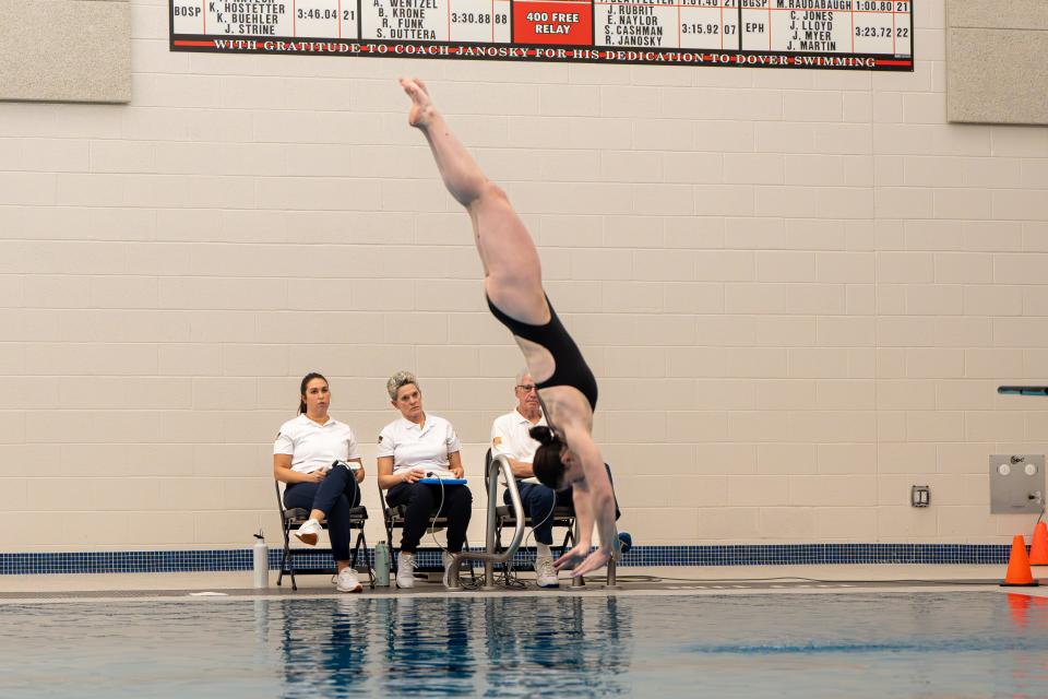 Dover's Taylor Tuohy, seen here at the YAIAA diving championships, placed eighth in the PIAA Class 3A competition.