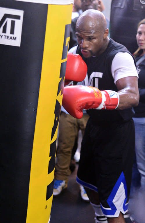 Boxer Floyd Mayweather Jr. works out at the Mayweather Boxing Club on April 17, 2013 in Las Vegas, Nevada. Mayweather Jr. will fight Robert Guerrero for the WBC welterweight title at the MGM Grand Garden Arena on May 4, 2013