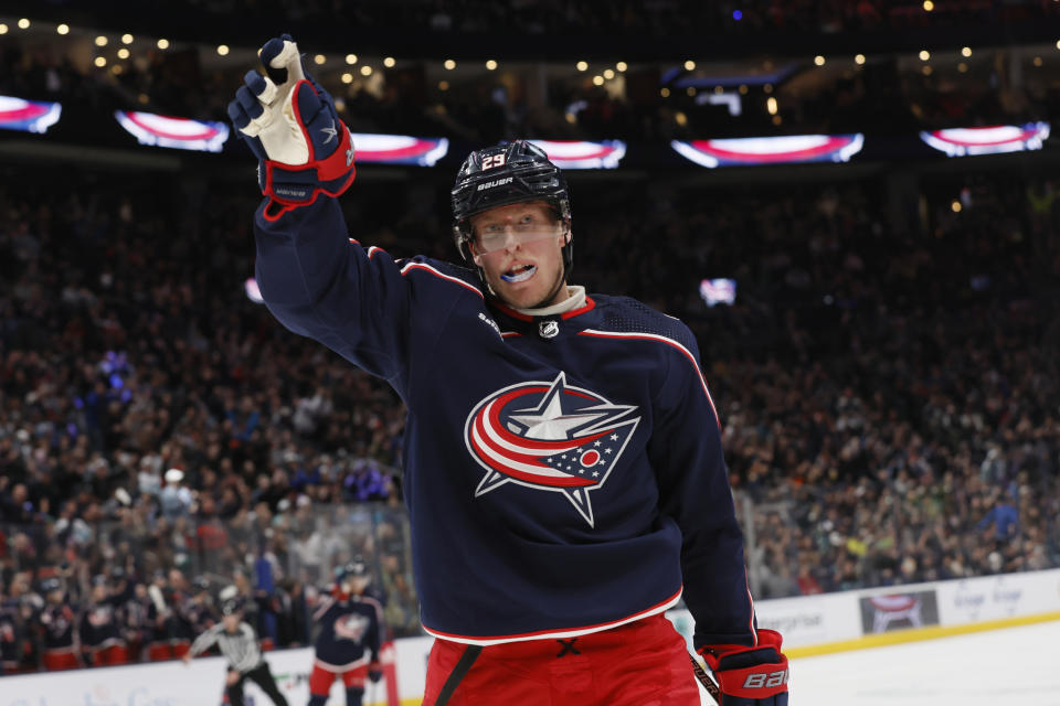 Columbus Blue Jackets' Patrik Laine celebrates his goal against the Seattle Kraken during the second period of an NHL hockey game Friday, March 3, 2023, in Columbus, Ohio. (AP Photo/Jay LaPrete)