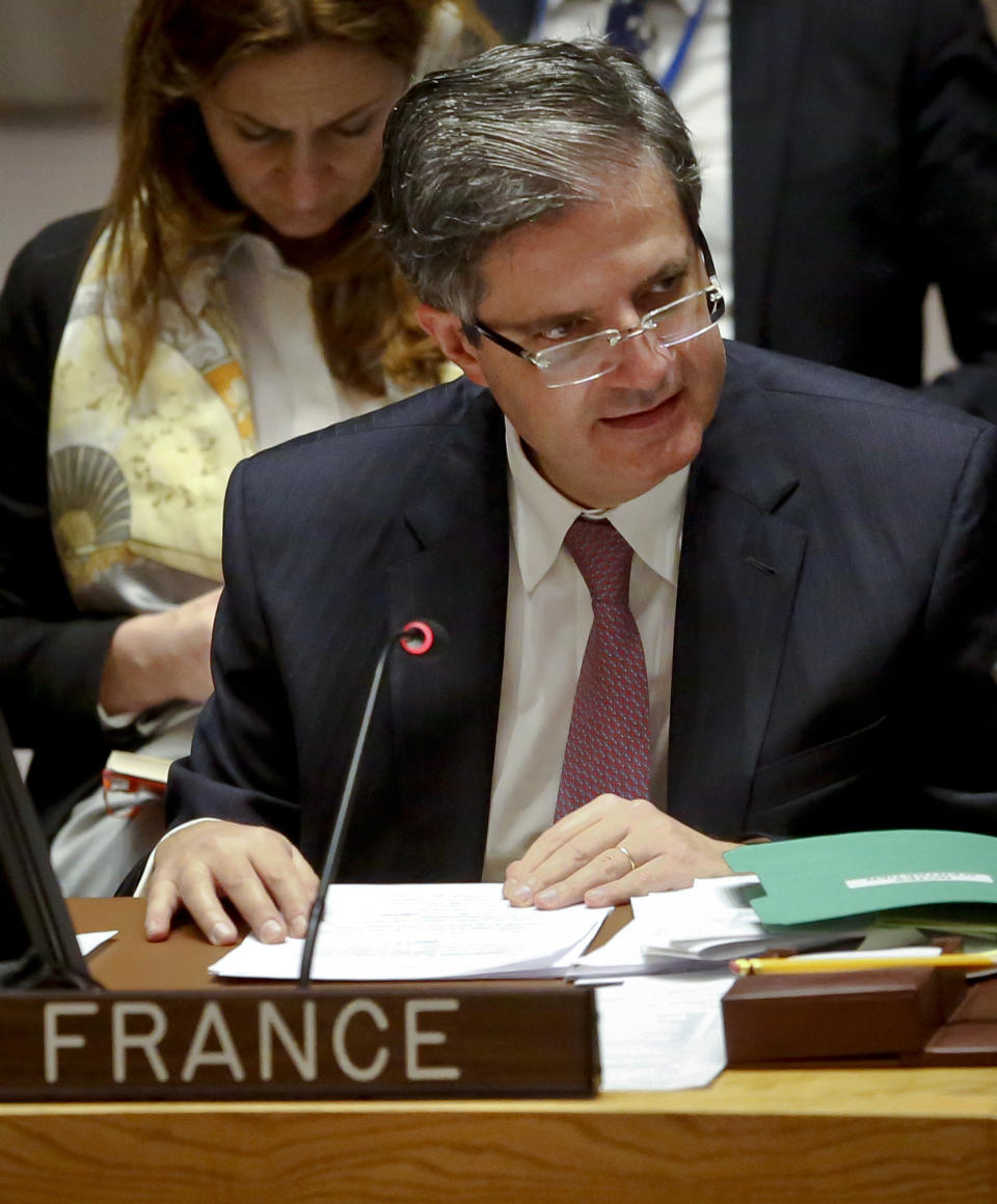 France U.N. Ambassador Francois Delattre speaks during a Security Council debate on the Middle East conflict Tuesday, Jan. 17, 2017, at U.N. headquarters. (AP Photo/Bebeto Matthews)