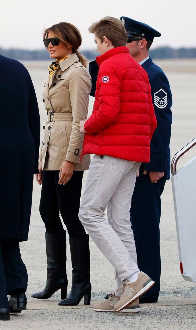 Donald Trump, gianvito rossi boots, new balance sneakers, Melania Trump, Barron Trump. President Donald Trump, first lady Melania Trump and their son Barron Trump, arrive on Air Force One, in Andrews Air Force Base, Md., en route to Washington as they return from Palm Beach, FlaTrump, Andrews Air Force Base, USA - 10 Mar 2019
