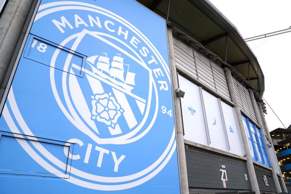 General view from outside the stadium of the Manchester City crest before the UEFA Champions League quarter final first leg match at Etihad Stadium, Manchester. Picture date: Tuesday April 11, 2023. (PA Archive)