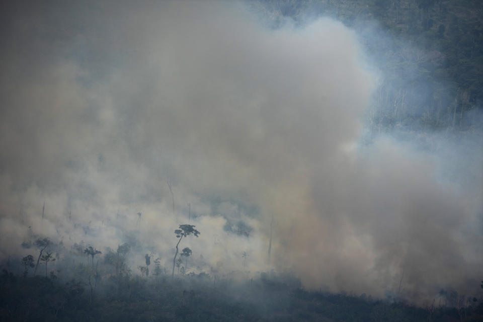 Fire consumes an area near Porto Velho, Brazil, Friday, Aug. 23, 2019. Brazilian state experts have reported a record of nearly 77,000 wildfires across the country so far this year, up 85% over the same period in 2018. Brazil contains about 60% of the Amazon rainforest, whose degradation could have severe consequences for global climate and rainfall. (AP Photo/Victor R. Caivano)