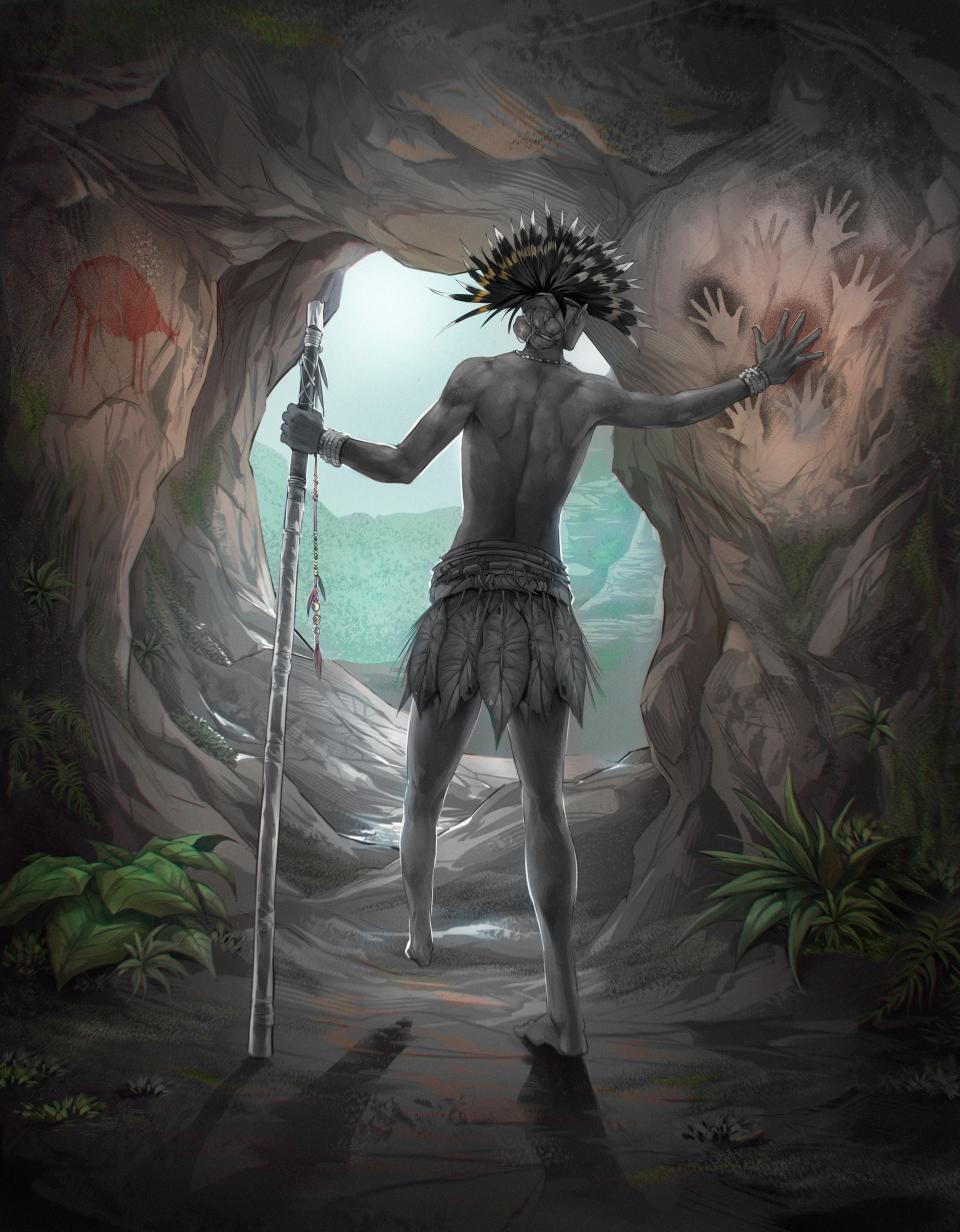 An artist ‘s impression of Liang Tebo 1. The individual had their lower left leg amputated as a child and survived into early adulthood in an artistic community 31,000 years ago in Borneo.