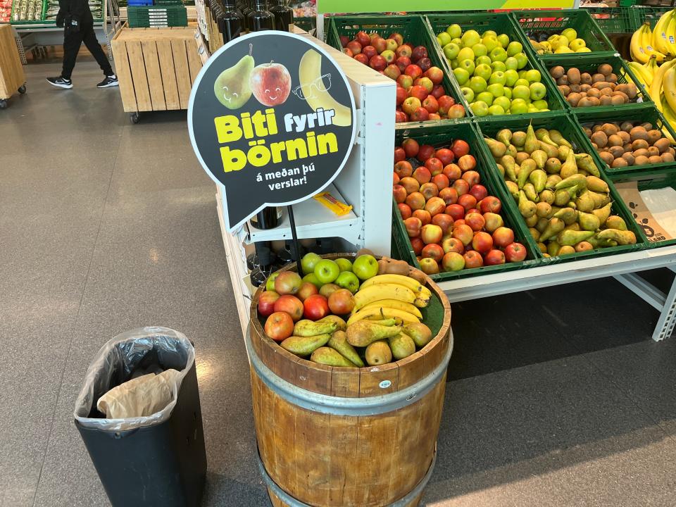 Free fruit for kids at a grocery store in Iceland.