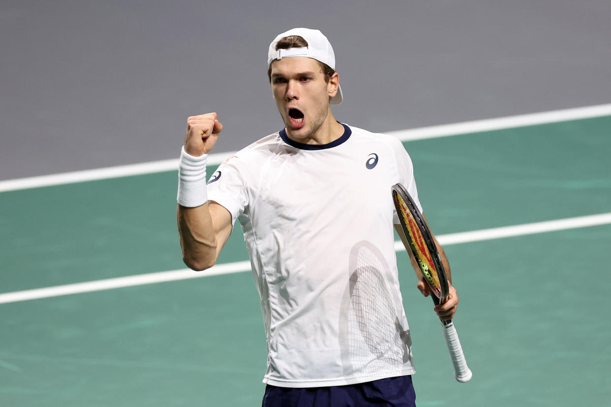 Finland's Otto Virtanen celebrates during Tuesday's win over Canada. (Clive Brunskill/Getty Images for ITF)