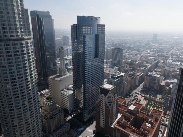 LOS ANGELES, CA- MARCH 28: The Gas Company Tower in downtown, Los Angeles, CA, is facing foreclosure a year after the owner, an affiliate of Brookfield Asset Management Ltd., walked away from the building. A notice of trustee's sale for the building was filed March 21 with the Los Angeles County Recorder's office, setting the stage for a foreclosure sale as soon as 90 days after the filing. Photographed on Thursday, March 28, 2024. (Myung J. Chun / Los Angeles Times)