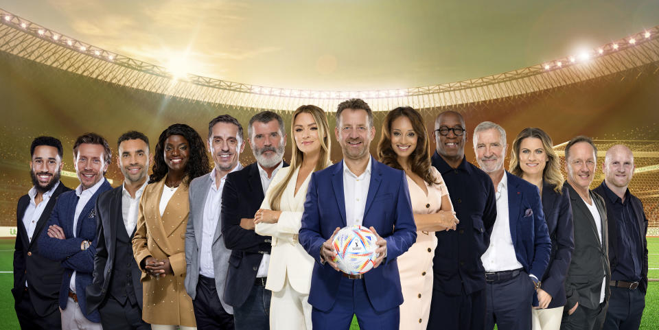 From ITV Sport 

FIFA WORLD CUP 2022
Starts Monday 21st November 2022 Live on ITV 

Pictured: (l-r) Andros Townsend, Sam Matterface, Hal Robson Kanu, Eni Aluko, Gary Neville, Roy Keane, Laura Woods, Mark Pougatch, Seema Jaswal, Ian Wright, Graeme Souness, Karen Carney, Lee Dixon and Jon Hartson. 

ITV begins the countdown to the biggest football tournament of the year with the announcement of their World Cup 2022 line up. 

Viewers will be guided through the tournament by the stellar team, providing comprehensive coverage, expert analysis and the very best action on ITV.

Live games and highlights will be broadcast on ITV, providing a comprehensive coverage package and content across ITV Footballâ€™s social platforms, including Twitter, Facebook, Instagram, TikTok and YouTube, ensuring fans will not miss a single minute of the action. 

Led by main presenters Mark Pougatch, Laura Woods and Seema Jaswal, ITVâ€™s World Cup squad will offer incredible insight, expertise, opinion and analysis from Ian Wright, Roy Keane, Gary Neville, Karen Carney, Graeme Souness, Eni Aluko, Nigel De Jong, Nadia Nadim and Hal Robson-Kanu.

Commentary will come from, Sam Matterface, Clive Tyldesley, Jon Champion and Seb Hutchinson, supported by co-commentators Lee Dixon, Ally McCoist, John Hartson and Andros Townsend.

Reporting during the tournament will be Gabriel Clarke and Michelle Owen.


(C) ITV 

Photographer: Harry Page 

For further information please contact Peter Gray
Mob 07831460662 /  peter.gray@itv.com

This photograph is (C) ITV and can only be reproduced for editorial purposes directly in connection with the programme FIFA WORLD CUP 2022  or ITV. Once made available by the ITV Picture Desk, this photograph can be reproduced once only up until the Transmission date and no reproduction fee will be charged. Any subsequent usage may incur a fee. This photograph must not be syndicated to any other publication or website, or permanently archived, without the express written permission of ITV Picture Desk. Full Terms and conditions are available on the website www.itvpictures.com
