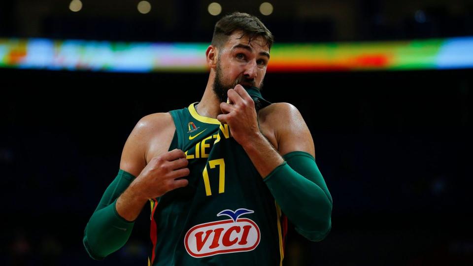 Mandatory Credit: Photo by FAZRY ISMAIL/EPA-EFE/Shutterstock (10405172u)Jonas Valanciunas of Lithuania gestures during the FIBA Basketball World Cup 2019 match between Dominican Republic and Lithuania in Nanjing, China, 09 September 2019.