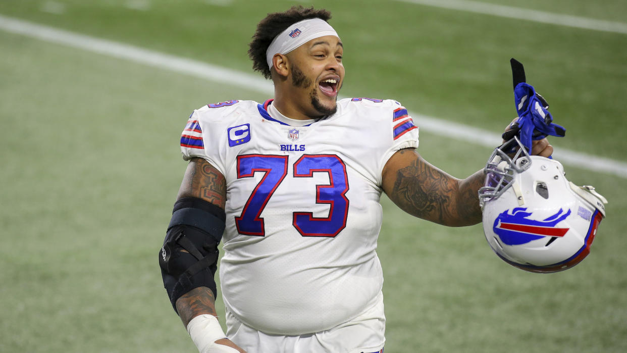 Mandatory Credit: Photo by Stew Milne/AP/Shutterstock (11670913mb)Buffalo Bills tackle Dion Dawkins (73) walks off the field following an NFL football game against the New England Patriots, in Foxborough, MassBills Patriots Football, Foxborough, United States - 28 Dec 2020.