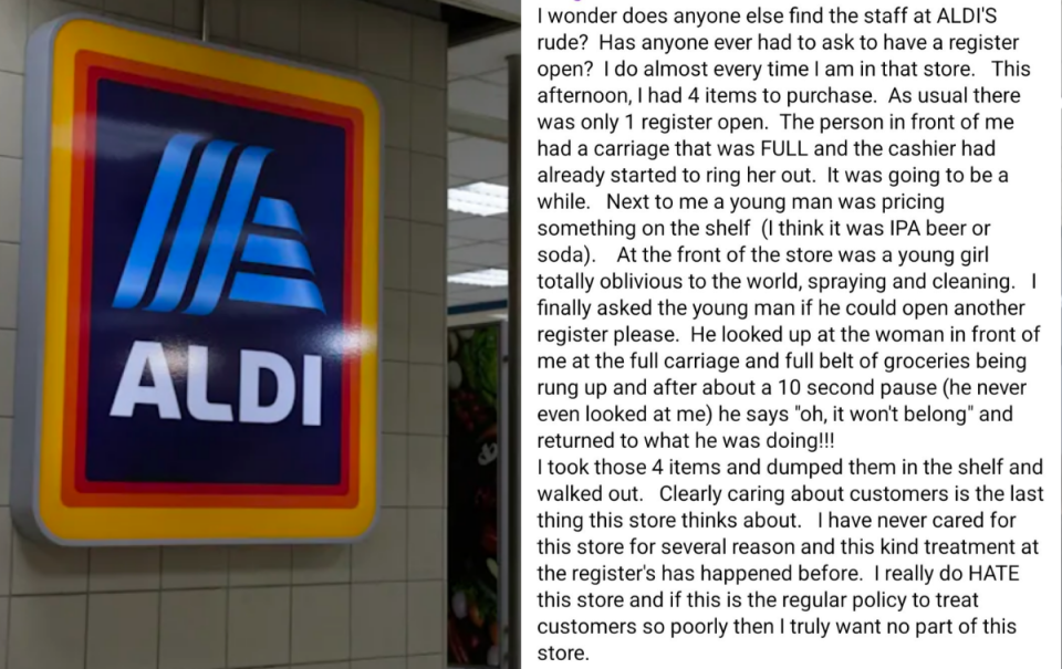 Side-by-side image. Left: Aldi sign on wall outside store. Right: Facebook post by Aldi customer.