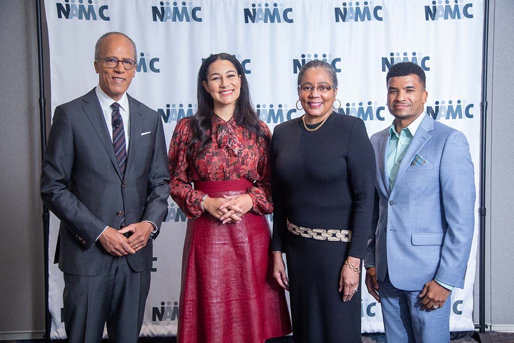  At the NAMIC Conference: (l. to r.): Lester Holt, anchor and managing editor, NBC Nightly News With Lester Holt; Morgan Radford, NBC News; Shuanise Washington, president and CEO, MAMIC; and NAMIC board chair Emory Walton, VP, content distribution, A+E Networks. . 