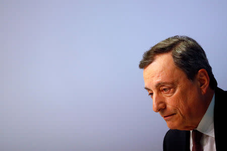 FILE PHOTO: Mario Draghi, President of the European Central Bank (ECB) holds a news conference on the outcome of the Governing Council meeting at the ECB headquarters in Frankfurt, Germany April 10, 2019. REUTERS/Kai Pfaffenbach