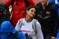 Paraguay's Leryn Franco is pictured during the women's javelin throw qualifying rounds at the athletics event during the London 2012 Olympic Games on August 7, 2012 in London. (GABRIEL BOUYS/AFP/Getty Images)