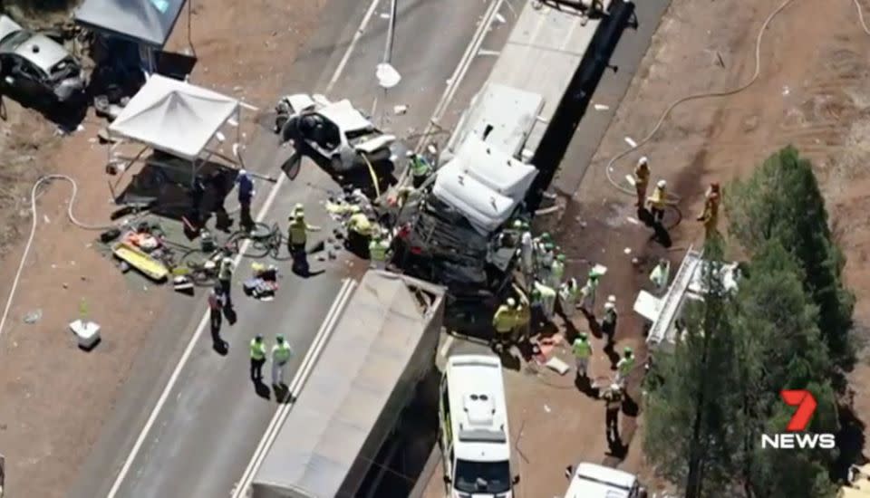 Six vehicles were struck, leaving two dead and 10 injured. Source: 7 News