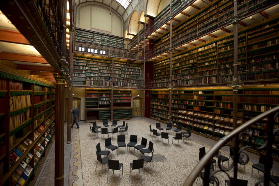 View of the library which houses about one fifth of the total collection of books during a press preview of the renovated Rijkmuseum in Amsterdam, Thursday April 4, 2013. The Rijksmusuem, home of Rembrandt's Night Watch and other national treasures, is preparing to reopen its doors on April 13 2013 after a decade-long renovation. (AP Photo/Peter Dejong)