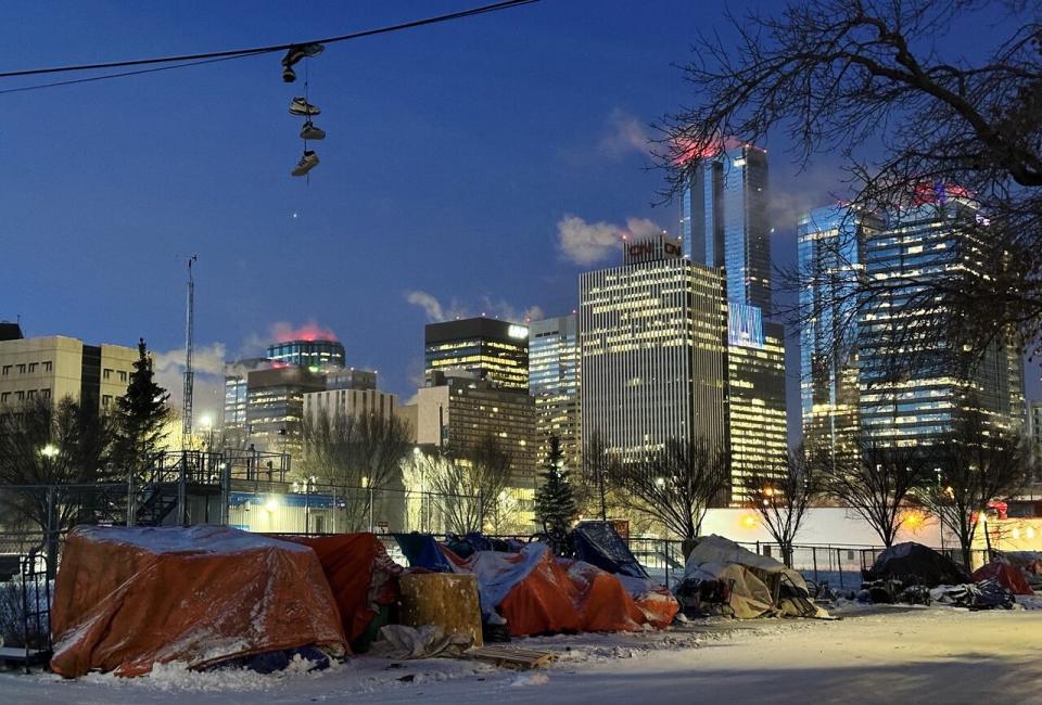 Tents in the area of 105A Avenue and 96th Street, Edmonton, Alta., on Thursday, January 11, 2024. (David Bajer/CBC - image credit)