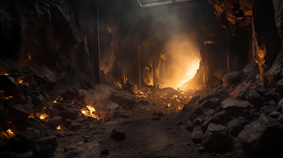 A continuous supply of coal streaming out of the entrance of the underground mine.