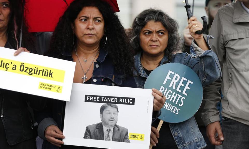 A 2017 demonstration in Istanbul for the release of 11 human rights activists accused of belonging to and aiding terror groups, including Amnesty’s Turkey chair Taner Kılıç.