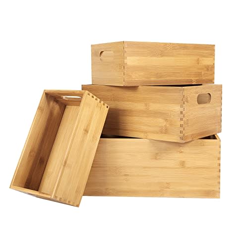 ANMINY 4PCS Natural Bamboo Wooden Storage Bins Set Desktop Basket Box Kitchen Food Container with Handles Decorative Clothes Baby Kids Nursey Laundry Closet Cabinet Shelf Large Small Drawer Organizer