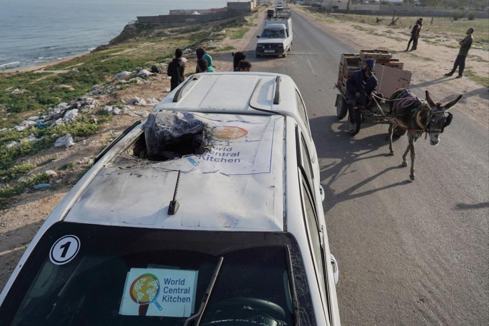 Damage to a World Central Kitchen vehicle hit by a drone (AFP via Getty Images)