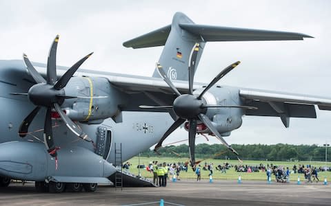 An A400M in service with the German Luftwaffe showing the eight-blade variable pitch fully feathering propellers on the aircraft. - Credit: Steve Thorne/Getty Images Europe