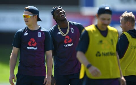 Jofra Archer laughs during an England nets session - Credit: Getty images